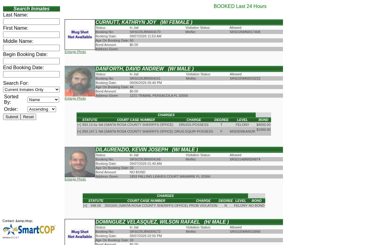 Santa Rosa County Jail View interface for recent Milton bookings