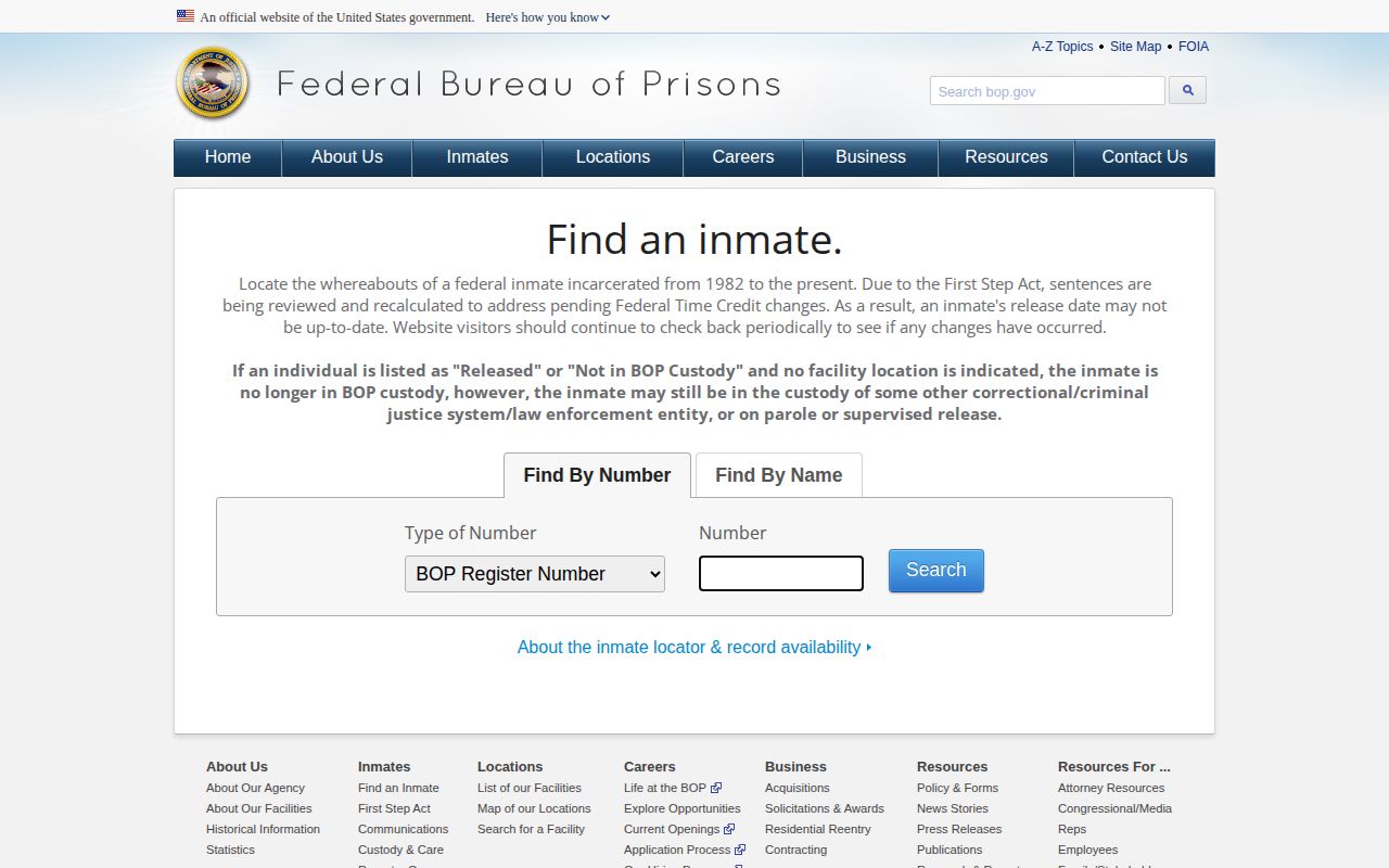 Bureau of Prisons federal inmate locator search interface