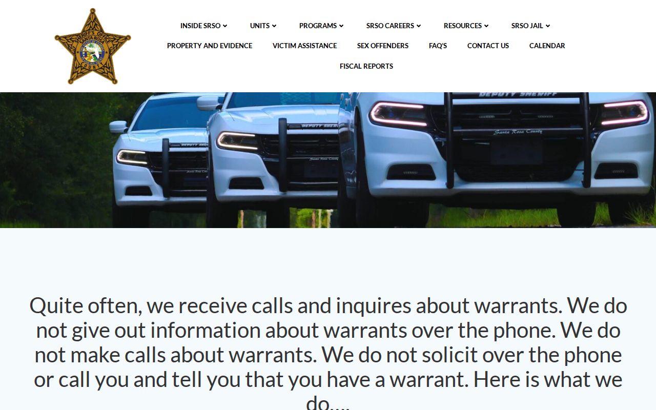 Santa Rosa County Sheriff in-person warrant inquiry and scam warning