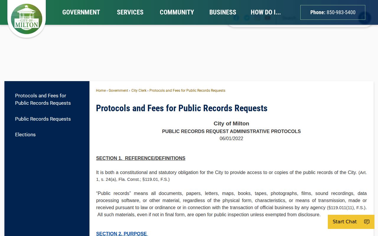 Milton Florida public records request methods and fee policy page