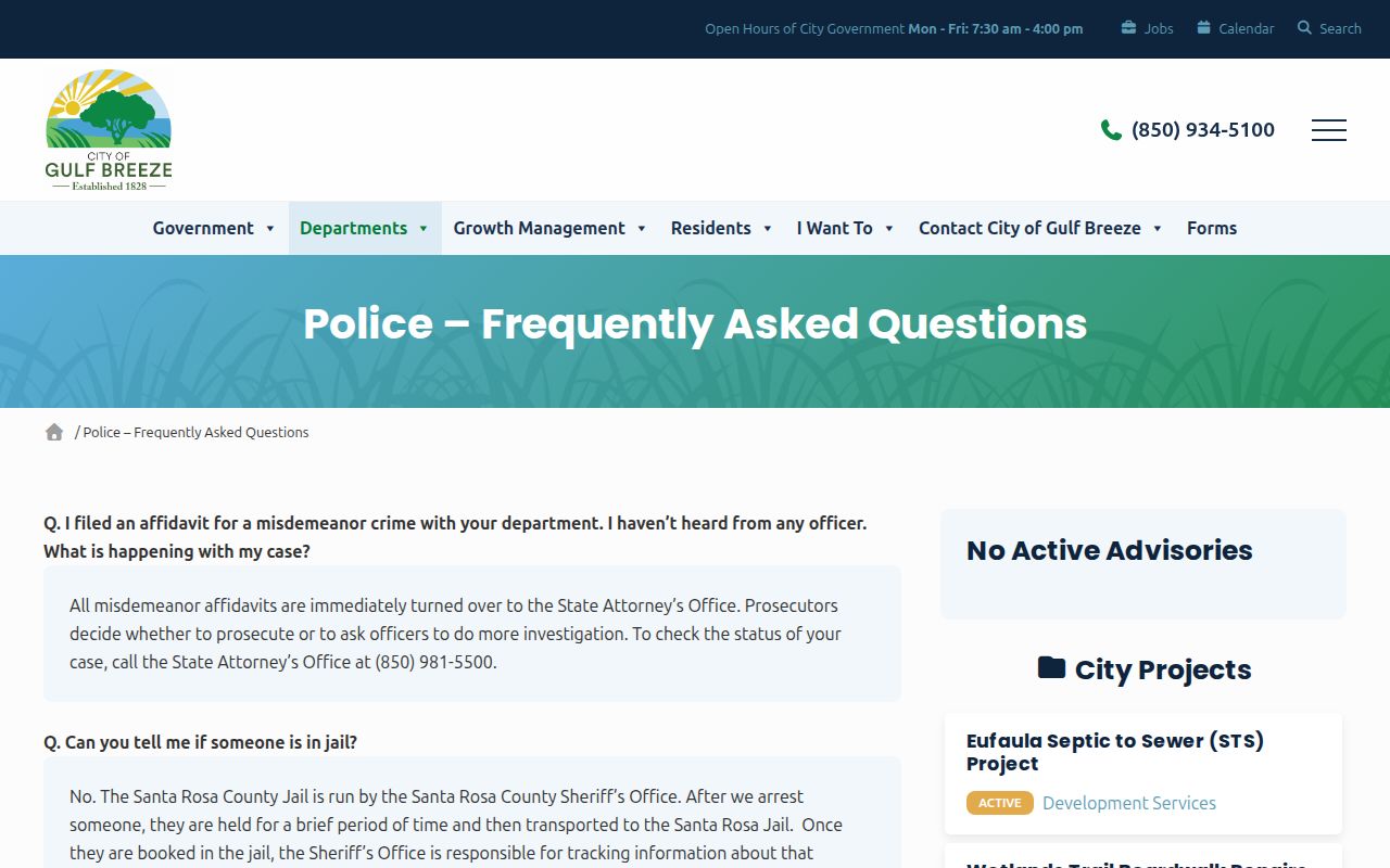 Gulf Breeze Police FAQ explaining county jail transport
