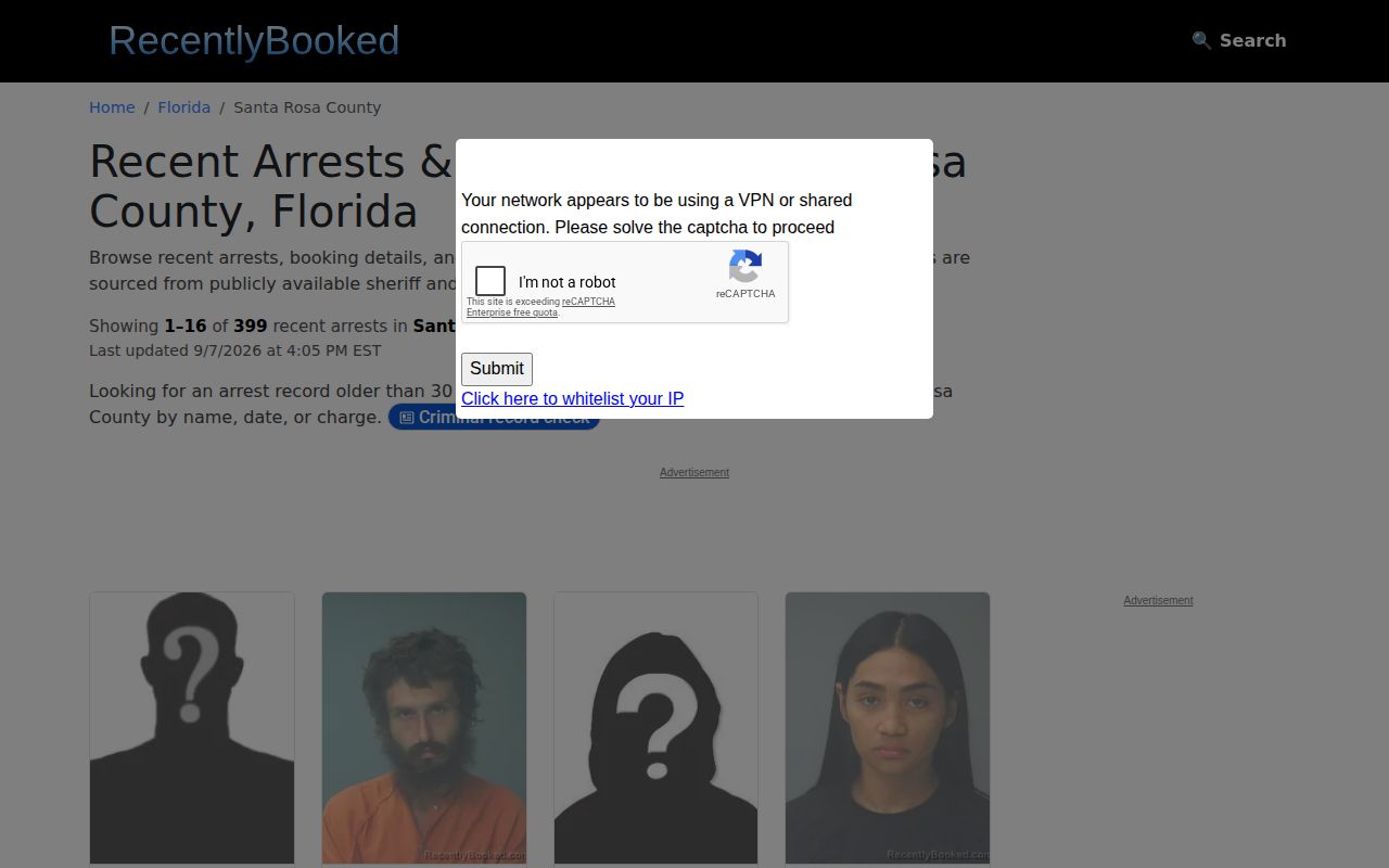 RecentlyBooked Santa Rosa County unofficial 30-day archive interface